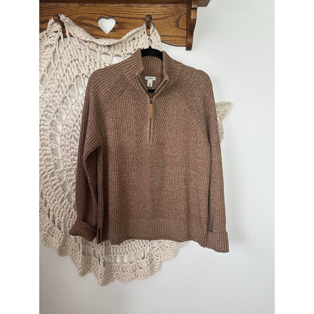 NEW L.L.Bean Cotton Brown Ribbed Quarter Zip Sweater Size Large